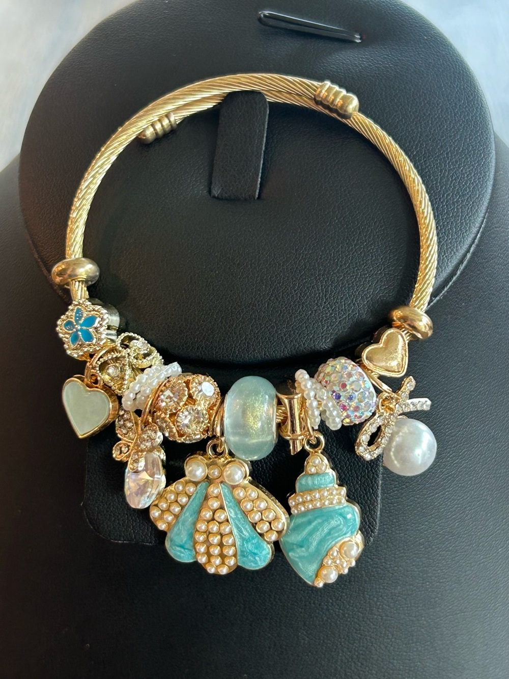 Brand New Gold Charm Bracelet with Turquoise Seashell and Pearl Charms
